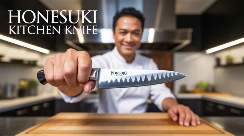 Professional chef showing a Honesuki kitchen knife used for precise poultry cutting in a modern kitchen.