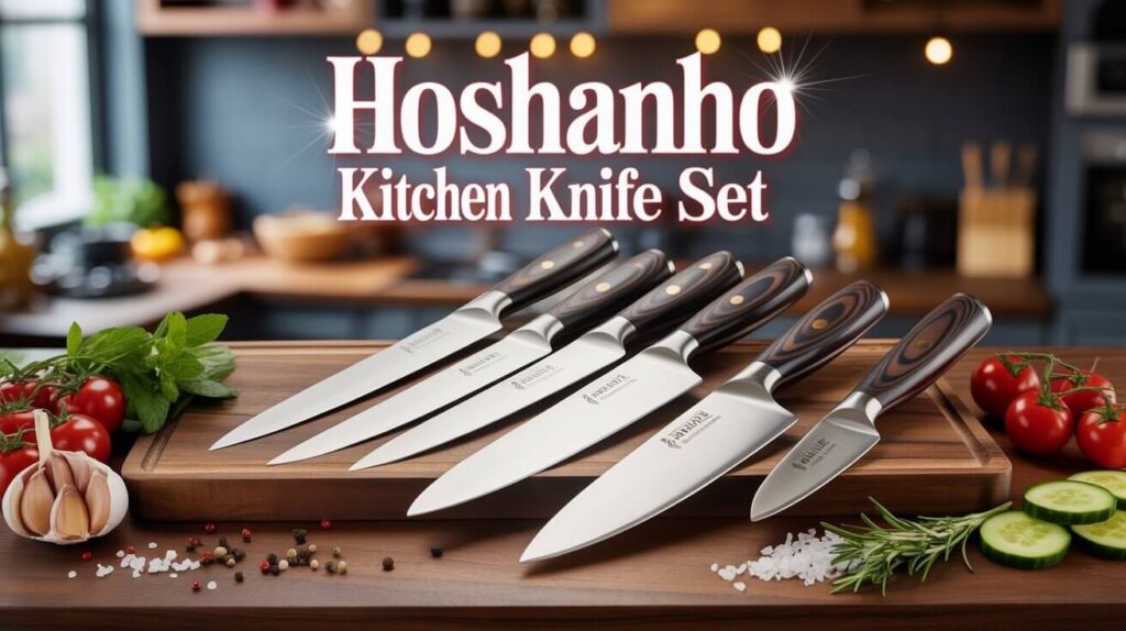 Hoshanho kitchen knife set displayed on a wooden cutting board with stainless steel blades and wooden handles in a modern kitchen setting.