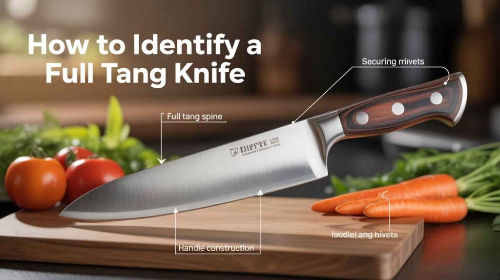 Chef knife on a cutting board showing full tang construction with visible rivets and metal running through the handle – How to Identify a Full Tang Knife.