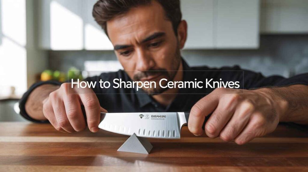 Man sharpening ceramic knives using a diamond stone in a modern kitchen.