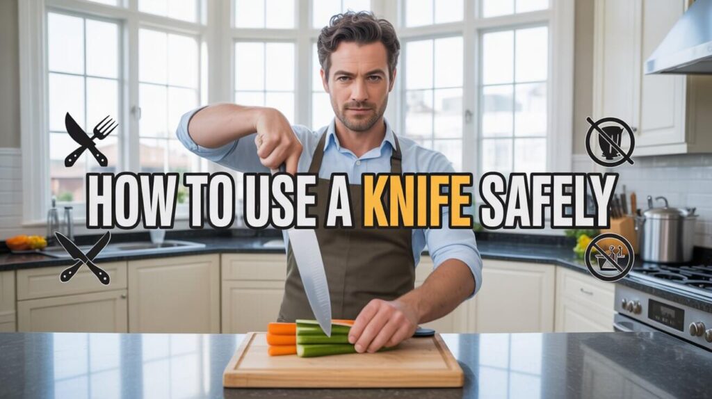 A man in a modern kitchen demonstrating how to use a knife safely with proper grip and cutting technique on a stable cutting board.