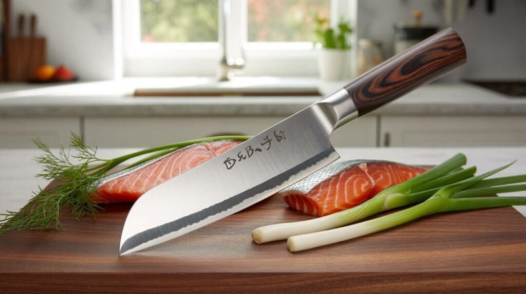 Japanese Deba Kitchen Knife with sharp blade resting on kitchen counter.