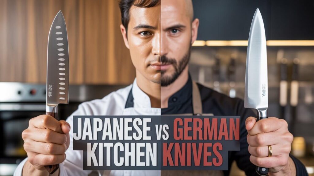 Side by side display of japanese vs german kitchen knives held by a man highlighting blade design and cutting style differences.