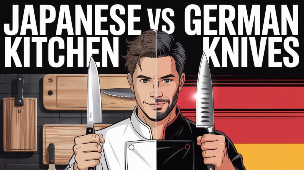 Man showing a side-by-side comparison of Japanese vs German kitchen knives in a modern kitchen