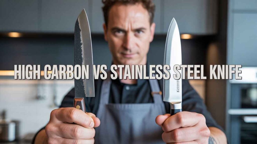 A man holding two different kitchen knives side by side, showing differences in blade color, sharpness, and style for easy visual comparison.