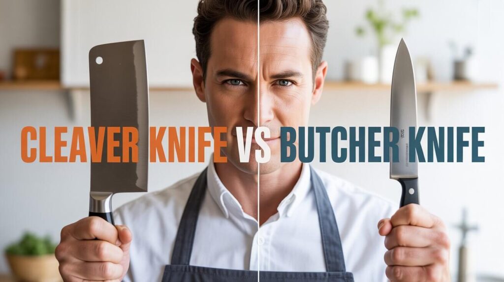 A man holding a cleaver knife in one hand and a butcher knife in the other, demonstrating their differences for cooking tasks.