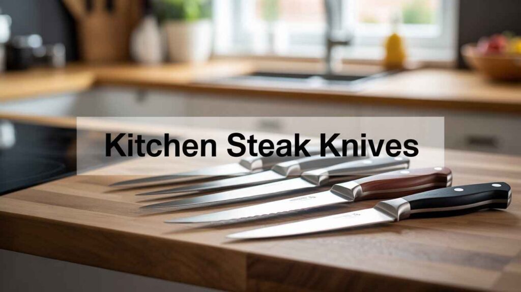 Modern kitchen steak knives arranged on a wooden cutting board in a clean kitchen setting.