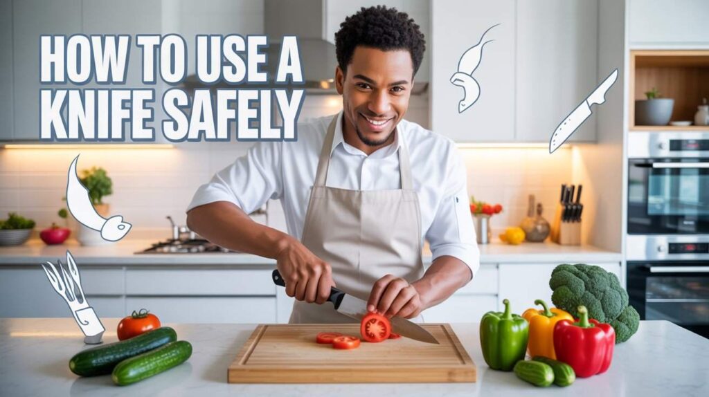 A man slicing vegetables on a cutting board using proper grip and hand positioning in a modern kitchen.
