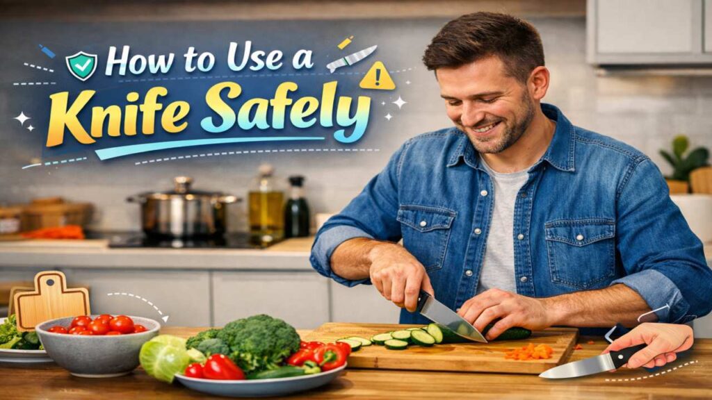 A man in a contemporary kitchen carefully slicing vegetables with proper grip and technique on a wooden cutting board.