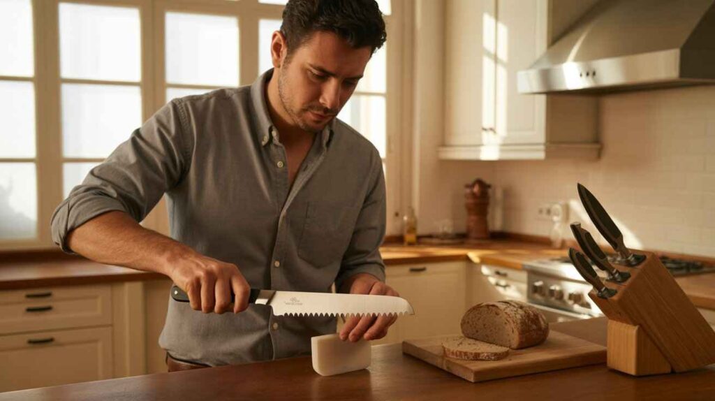 Man sharpening a serrated bread knife using a tapered ceramic rod on a cutting board in a modern, bright kitchen.