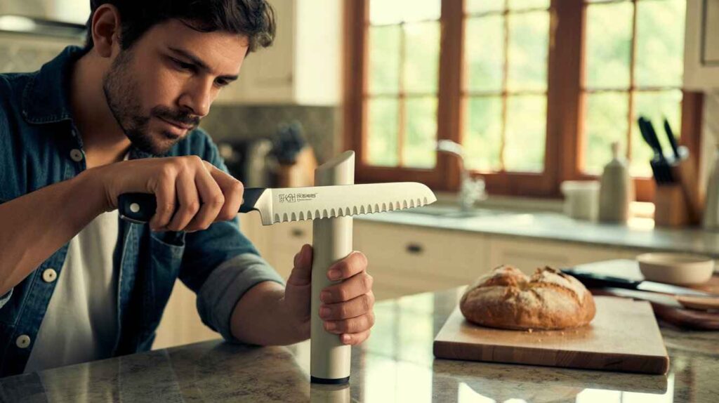 Focused man sharpening a serrated bread knife with a diamond sharpening rod on a wooden cutting board in a sleek modern kitchen.