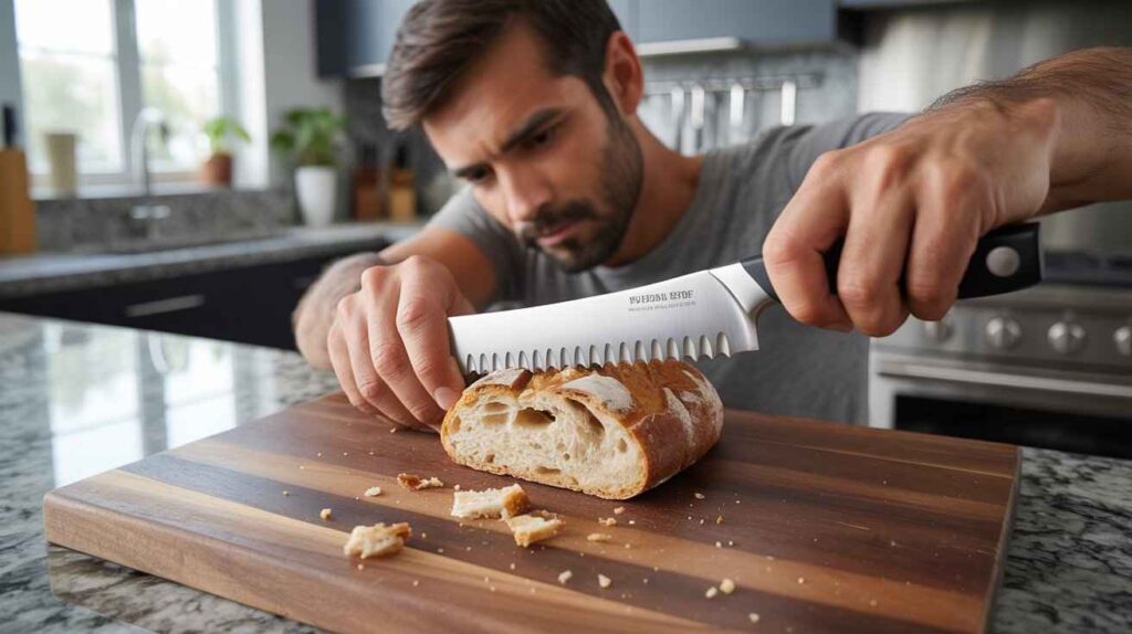 Man checking the sharpness of a serrated bread knife by slicing a crusty loaf of bread and a ripe tomato on a wooden cutting board in a bright modern kitchen.