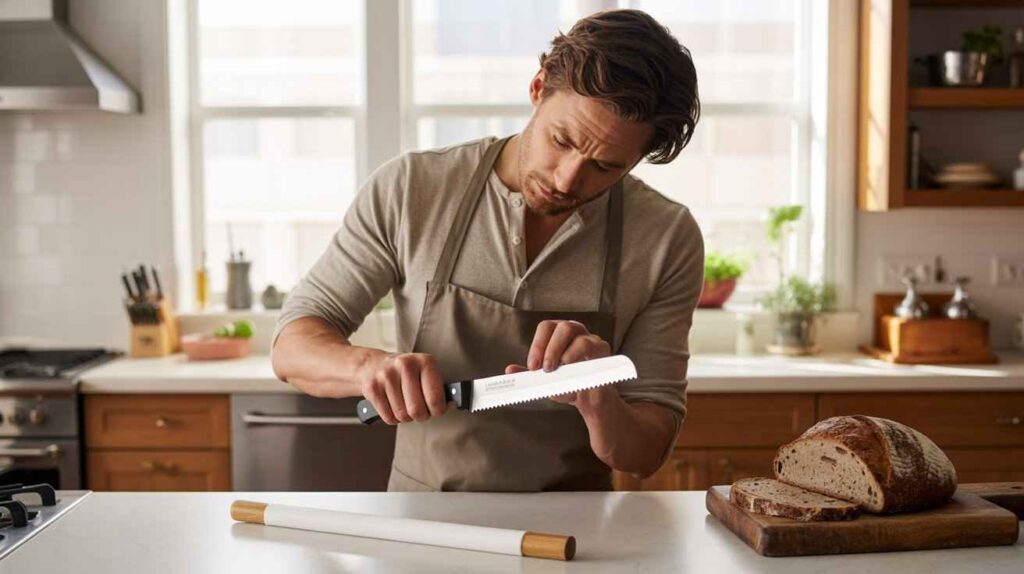 Man carefully sharpening a serrated bread knife using a ceramic rod on a cutting board in a contemporary bright kitchen.