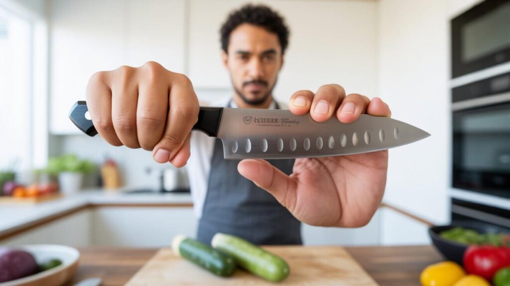A man holding a chef’s knife with a proper pinch grip while using a claw grip on the other hand on a cutting board in a modern kitchen.
