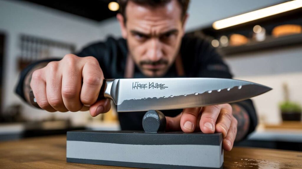 A man sharpening a chef knife with a manual pull-through sharpener on a kitchen countertop, showing the proper technique for maintaining a sharp blade.