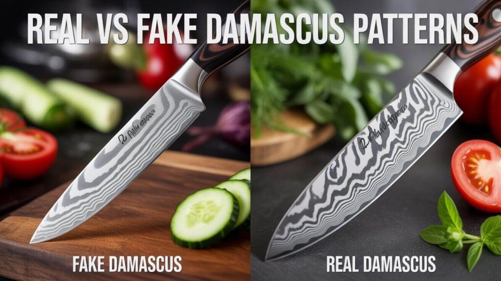 side by side comparison of real vs fake damascus patterns on kitchen knife blades showing authentic layered steel vs artificial etched pattern.