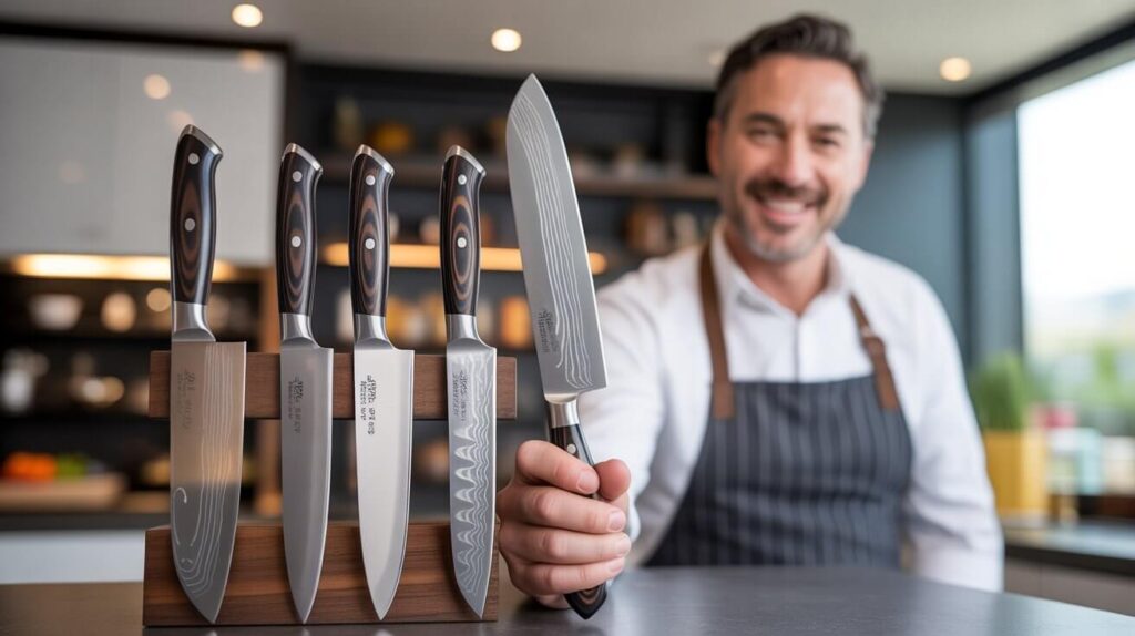 Happy man holding a Shanzu knife set in a modern kitchen.
