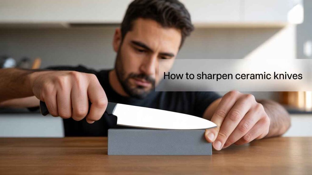 Close-up of a man sharpening ceramic knives with a diamond sharpening rod.