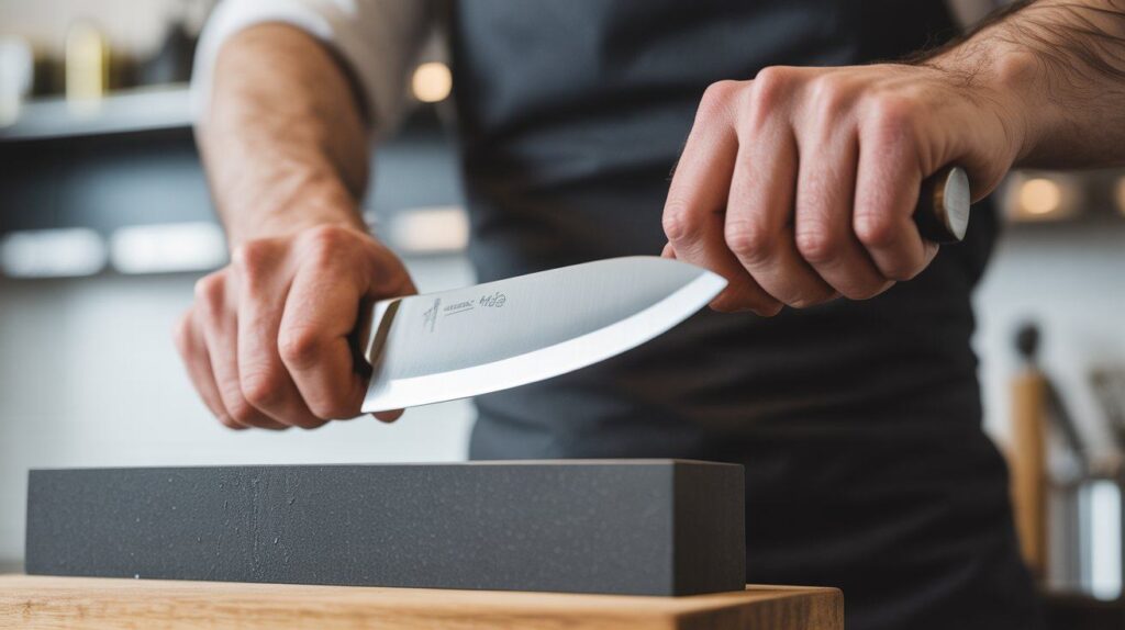 A man sharpening a chef knife at a 15–20° angle on a whetstone in a modern kitchen, demonstrating proper knife sharpening technique.