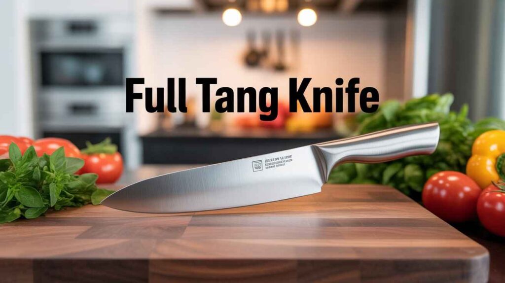 Stylish full tang chef knife placed on a modern kitchen counter, clearly showing the metal extending through the handle – What is Full Tang Knife.