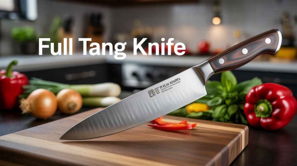 A full tang chef knife on a wooden cutting board with fresh vegetables, showing the metal running through the handle – What is Full Tang Knife.