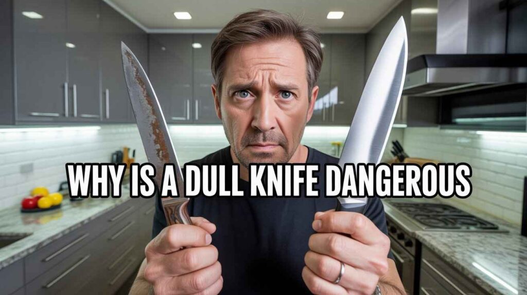 Man in modern kitchen showing the difference between a sharp knife and a dull knife for safe cutting.
