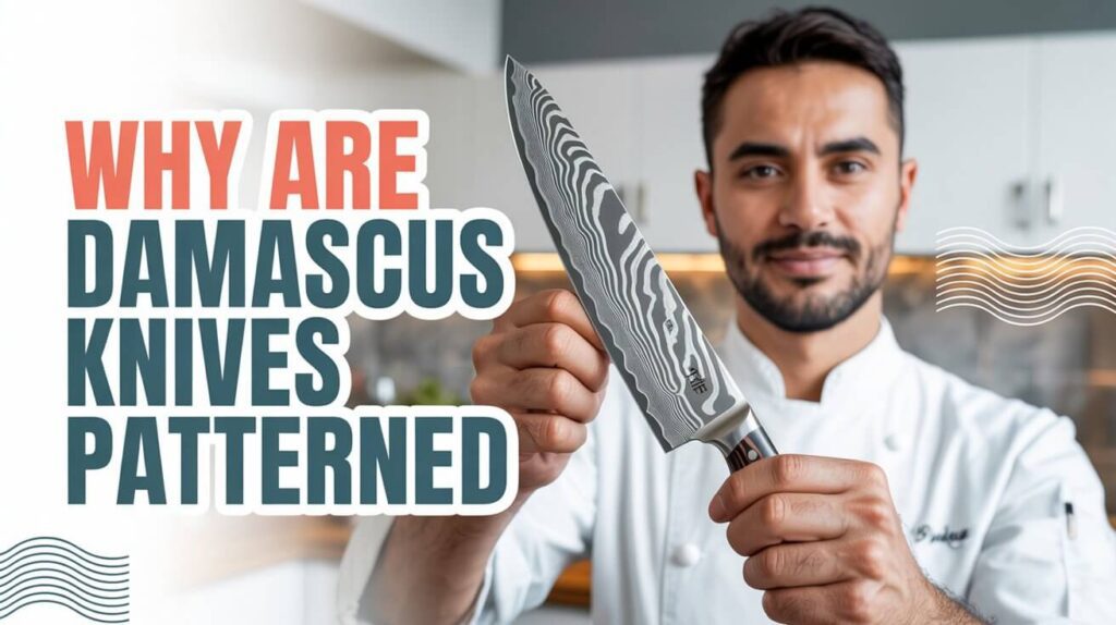 Man showing a Damascus knife in a kitchen, clearly displaying why are Damascus knives patterned and highlighting the layered steel design