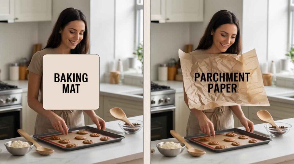 A woman stands in a modern kitchen comparing a silicone baking mat and parchment paper side by side.