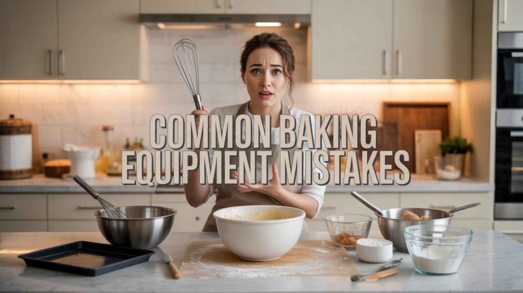 Home baker in a kitchen facing baking problems with uneven results, highlighting issues caused by wrong baking tools and equipment.