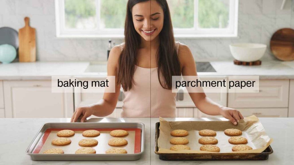Woman showing a side-by-side comparison of a baking mat vs parchment paper in a modern kitchen.