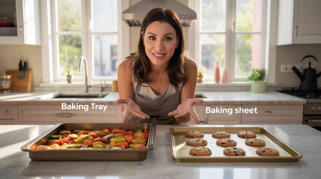 Woman in a bright home kitchen comparing baking tray and baking sheet side by side, showing how baking tray is used for roasting while baking sheet is used for cookies and pastries in everyday baking.