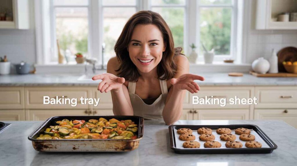 Woman in a modern kitchen showing a side-by-side comparison of baking tray vs baking sheet, with a rimmed baking tray labeled “Baking Tray” on the left and a flat baking sheet labeled “Baking Sheet” on the right for clear visual understanding.