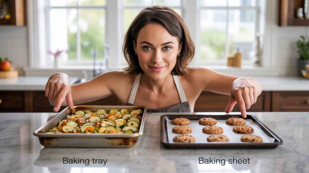 Woman in a modern kitchen demonstrating baking tray vs baking sheet by placing roasted vegetables on a baking tray and cookies on a baking sheet to show their different cooking results and uses.