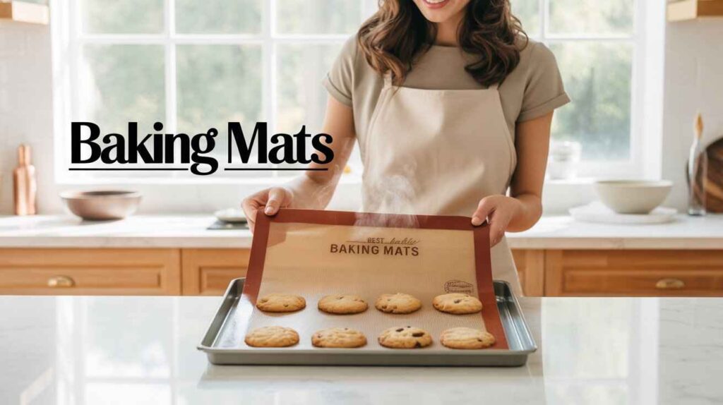 Woman using the best baking mats in a modern kitchen for non-stick baking and easy cleanup.