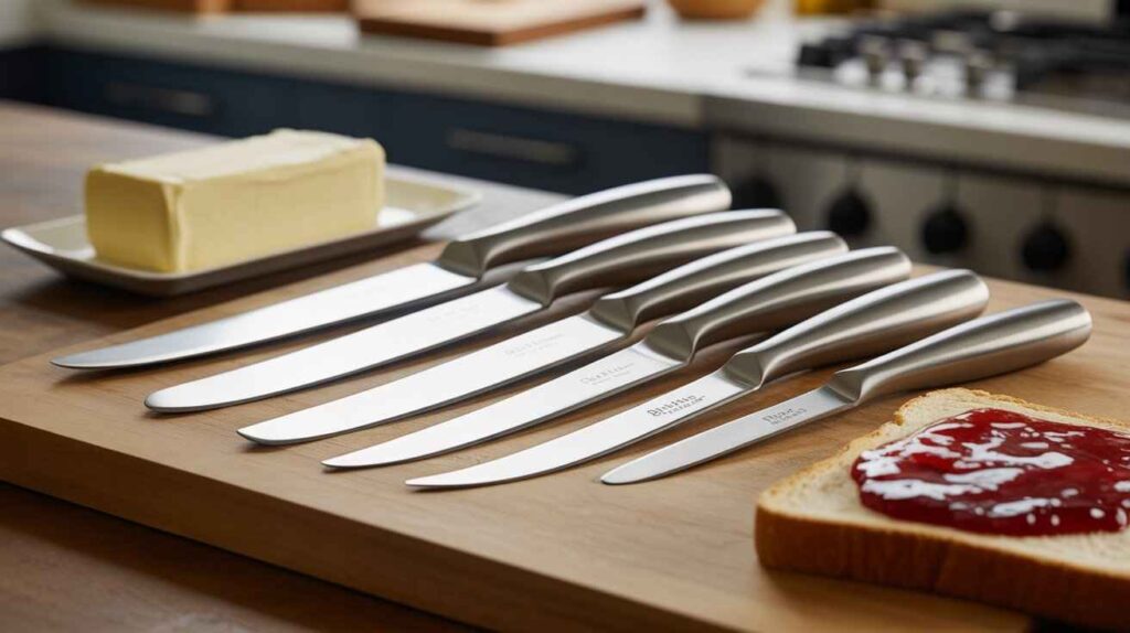 High-quality set of best butter knives with stainless steel blades and ergonomic handles on a wooden cutting board with butter and jam.