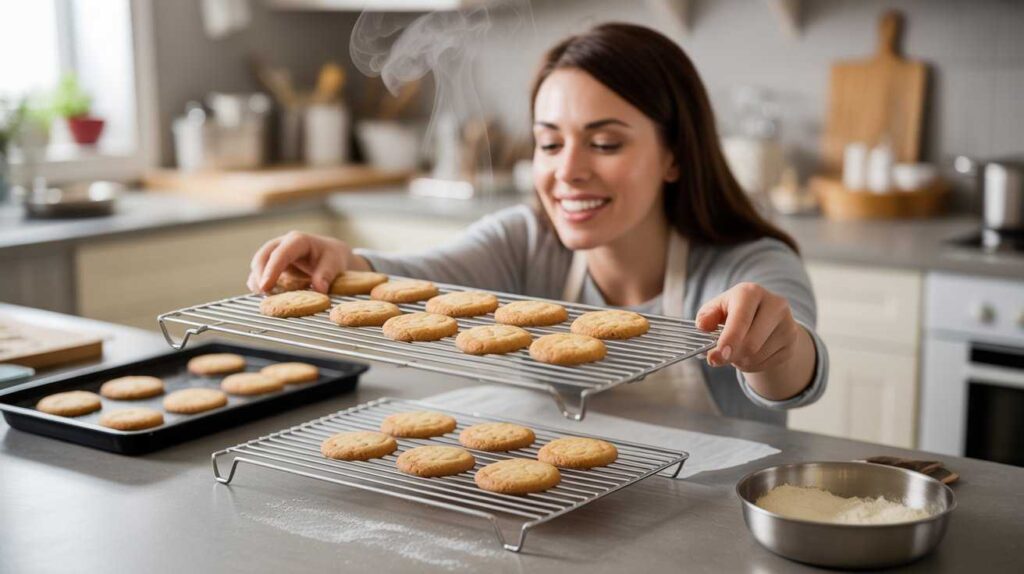 Woman using best cooling racks for baking to cool freshly baked cookies on stainless steel rack in a modern kitchen with proper airflow.