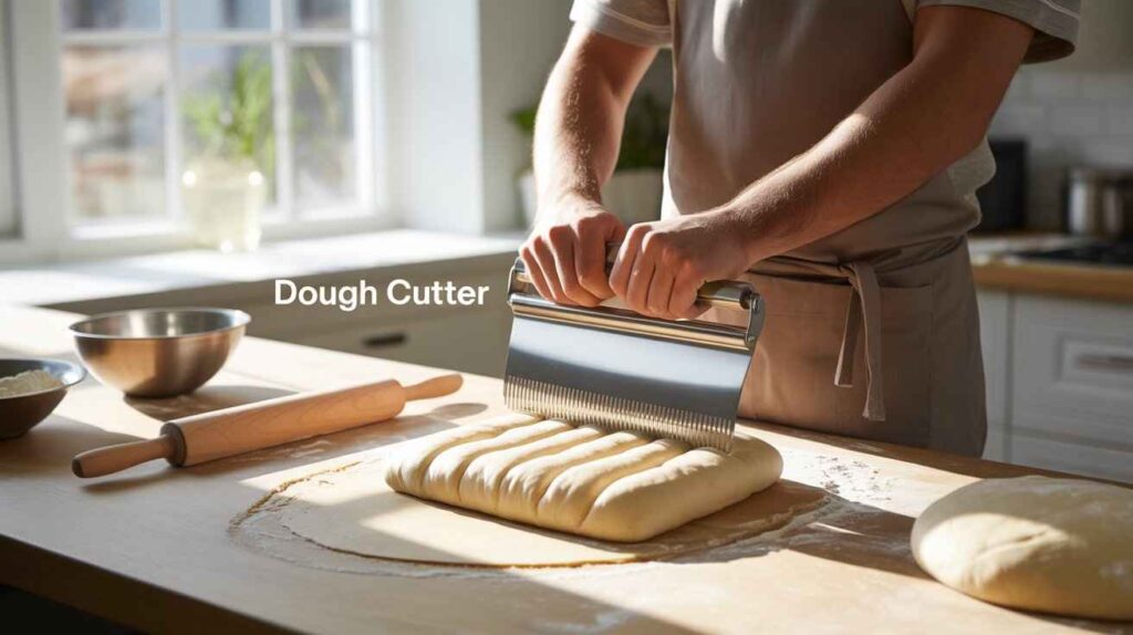 Man using dough cutters for baking to cut and shape bread dough in kitchen.