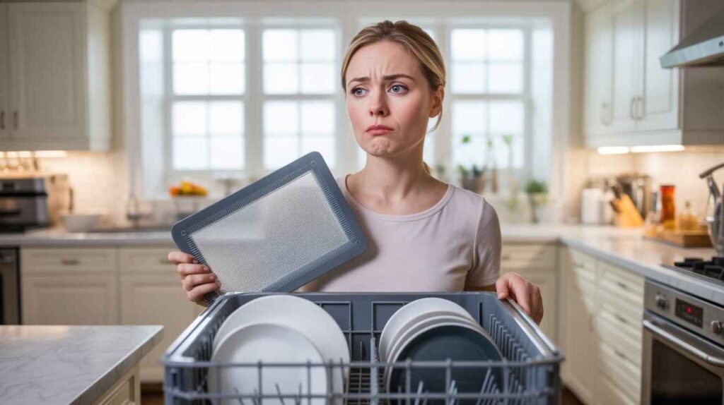 Woman holding a baking mat in kitchen and thinking whether she should wash baking mats in dishwasher while looking at an open dishwasher with a doubtful expression.