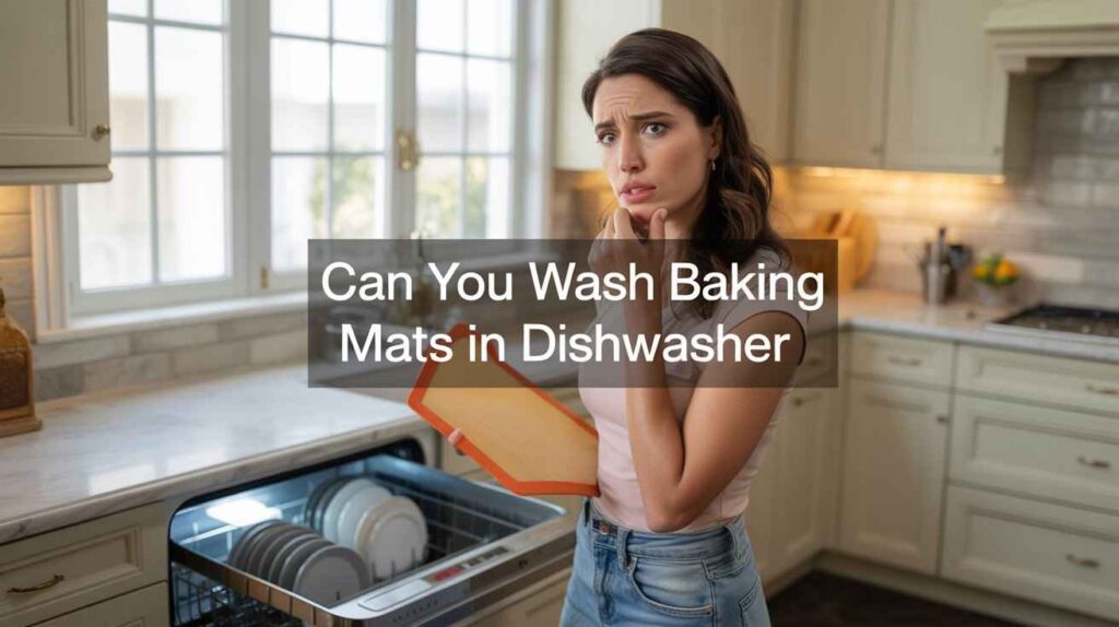 Woman examining a silicone baking mat and wondering can you wash baking mats in dishwasher while standing beside an open dishwasher in kitchen.