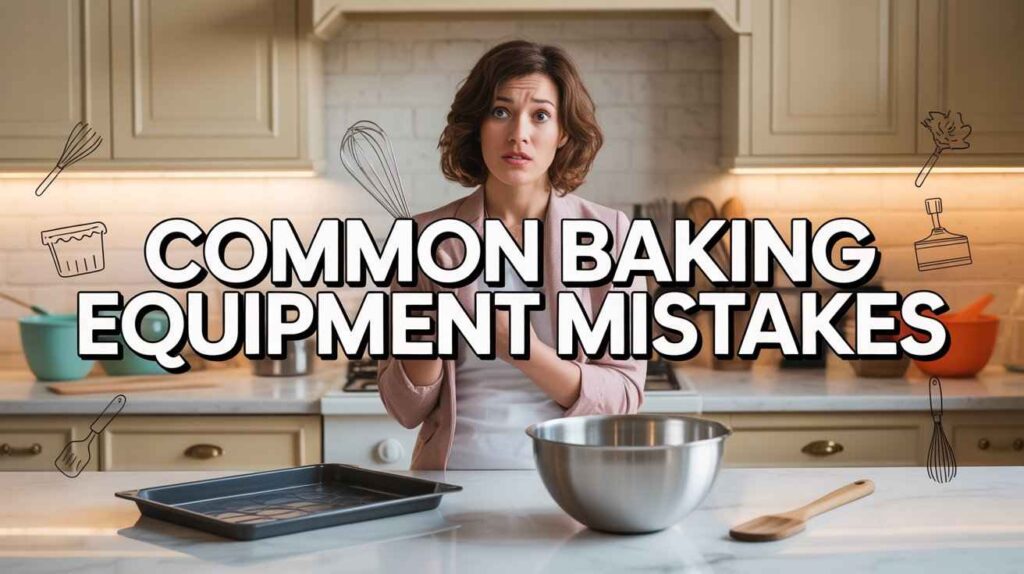 Confused woman in a modern kitchen about common baking equipment mistakes.