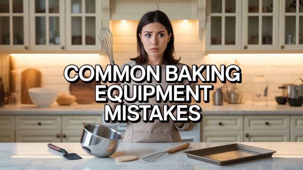 Home baker in a modern kitchen struggling with baking tools illustrating common baking mistakes that affect baking results and texture.