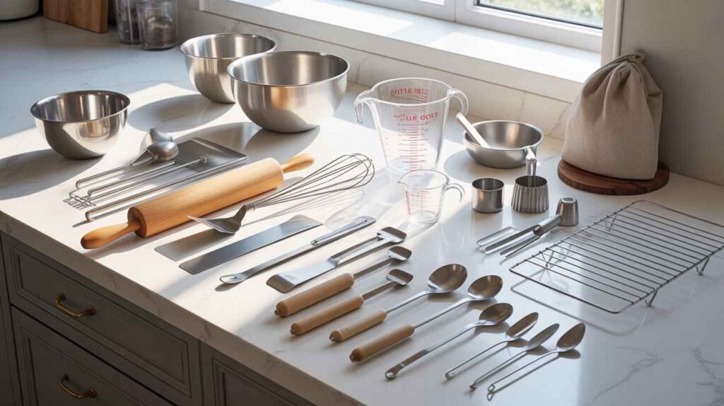 A modern kitchen countertop displaying a full set of baking tools including mixing bowls, rolling pins, bench scrapers, dough cutters, icing spatulas, measuring cups, whisks, piping bags, and cooling racks.