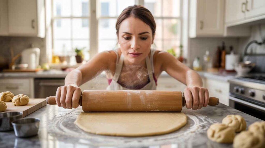 Woman demonstrating how to roll dough evenly on a kitchen counter using a wooden rolling pin while preparing smooth, uniform dough for baking.