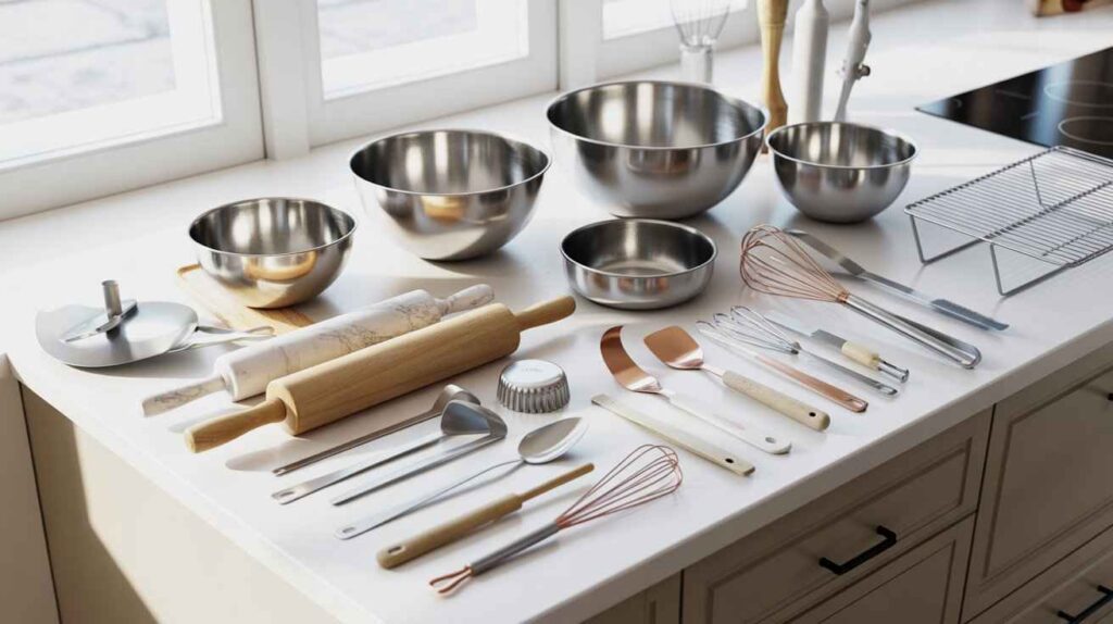 A bright modern kitchen countertop neatly arranged with all essential baking utensils, including rolling pins, mixing bowls, bench scrapers, dough cutters, icing spatulas, measuring cups, whisks, and piping bags.