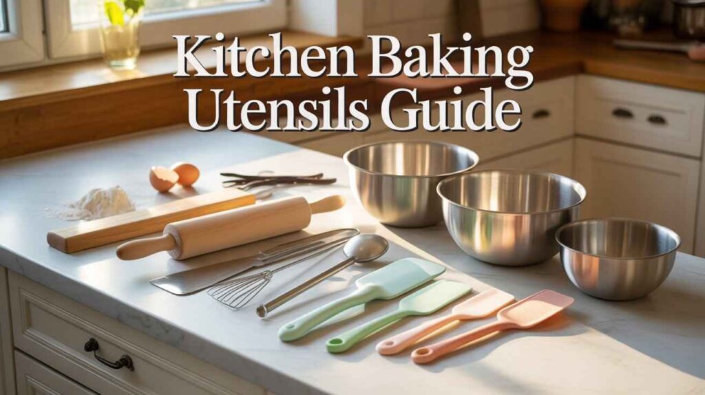A stylish kitchen countertop featuring essential baking utensils including rolling pins, bench scrapers, dough cutters, mixing bowls, and icing spatulas – kitchen baking utensils guide.