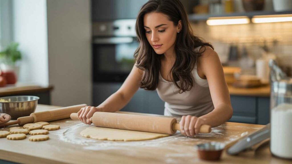Woman using kitchen rolling pins to roll dough evenly in a modern kitchen.