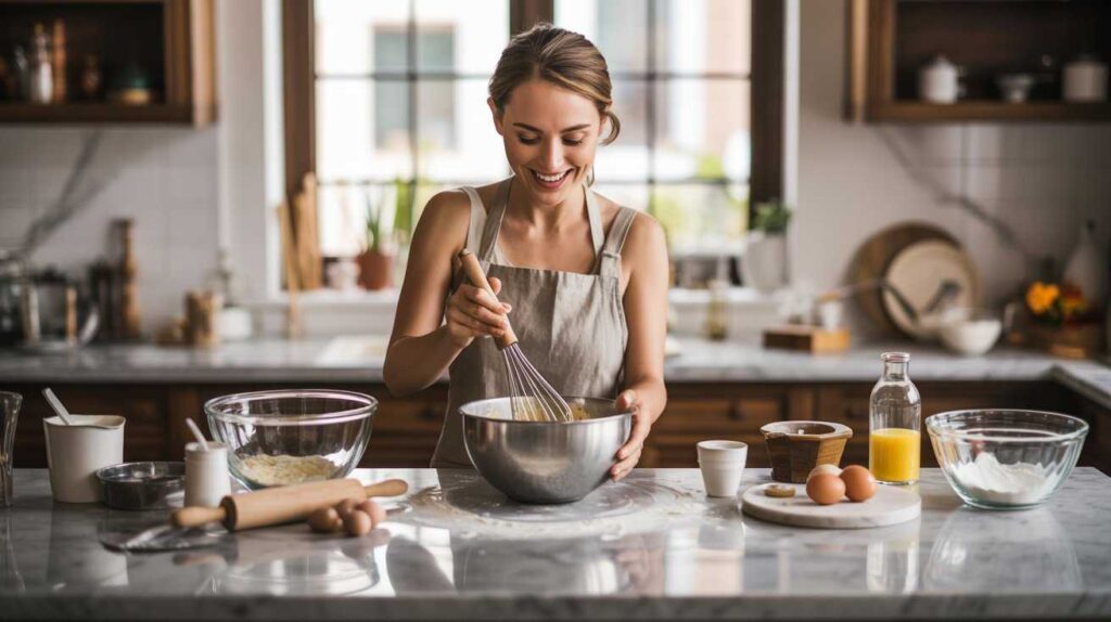 Woman in a modern kitchen using mixing bowls for baking while whisking ingredients on a clean countertop.