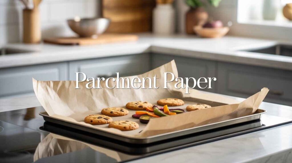 A sheet of parchment paper on a baking tray with cookies and kitchen utensils in a modern kitchen.