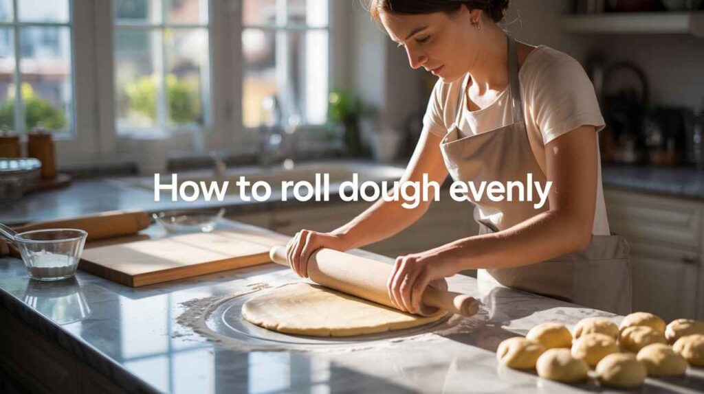 Woman carefully rolling dough on a floured surface in a kitchen, showing how to achieve even dough thickness for baking cookies and pizza.