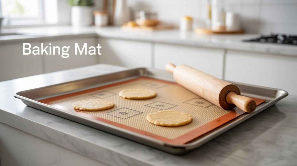 A silicone baking mat on a baking tray with cookies and utensils in a modern kitchen.